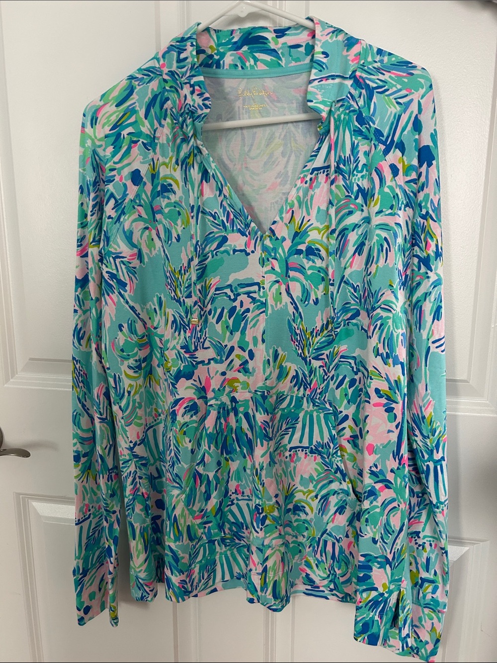 Lilly Pulitzer Aqua Multi Tropical Print Tunic Blouse